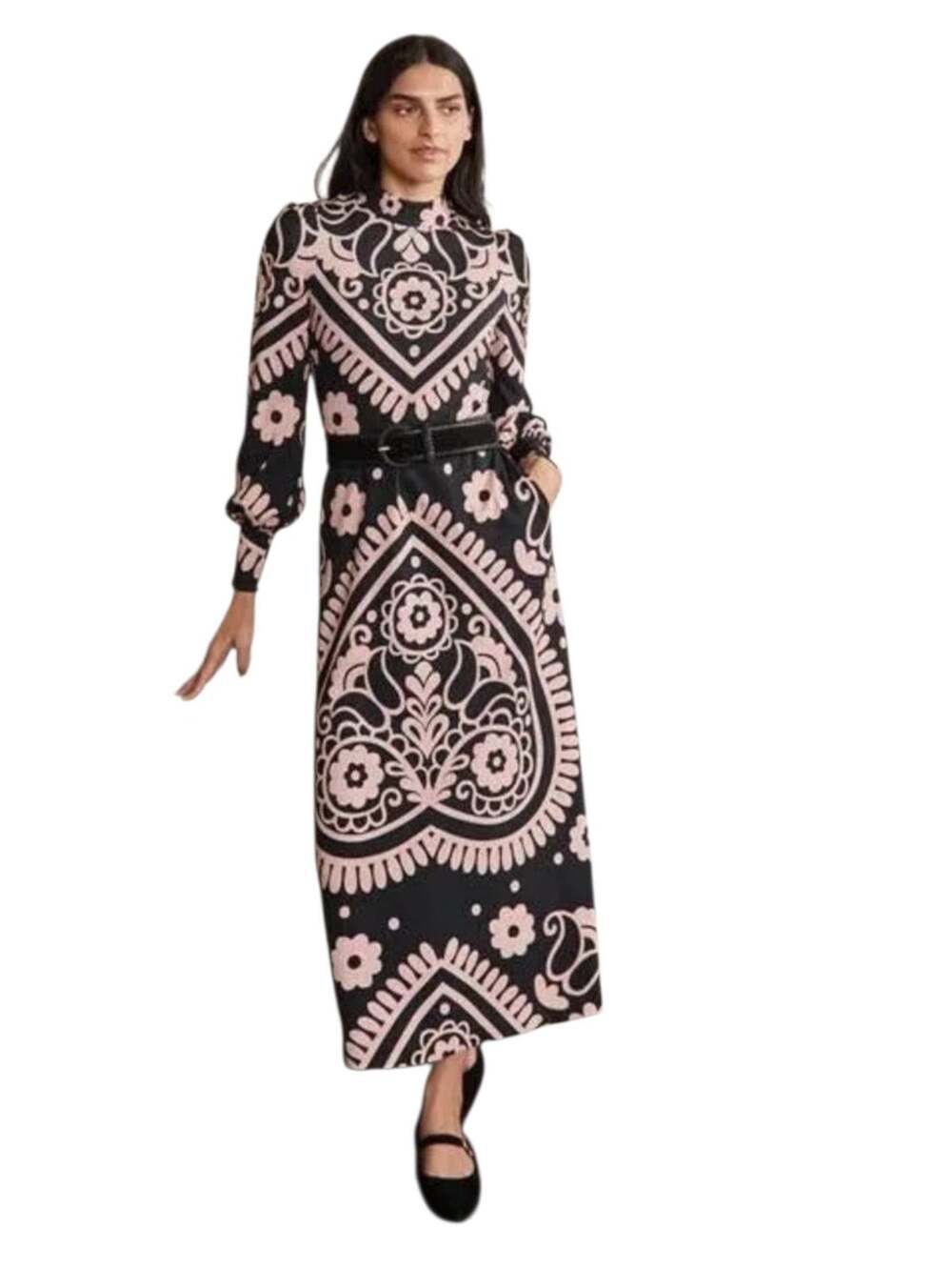 Boden Cuffed Jersey Dress Size UK 16 Black Pink Floral Heart D0083 A9